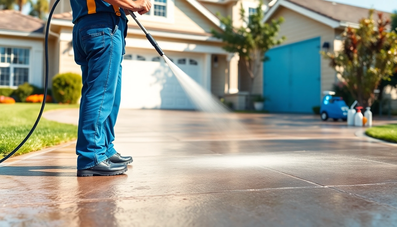 Driveway cleaning transformation showcased through a professional cleaning process with high-pressure washer.