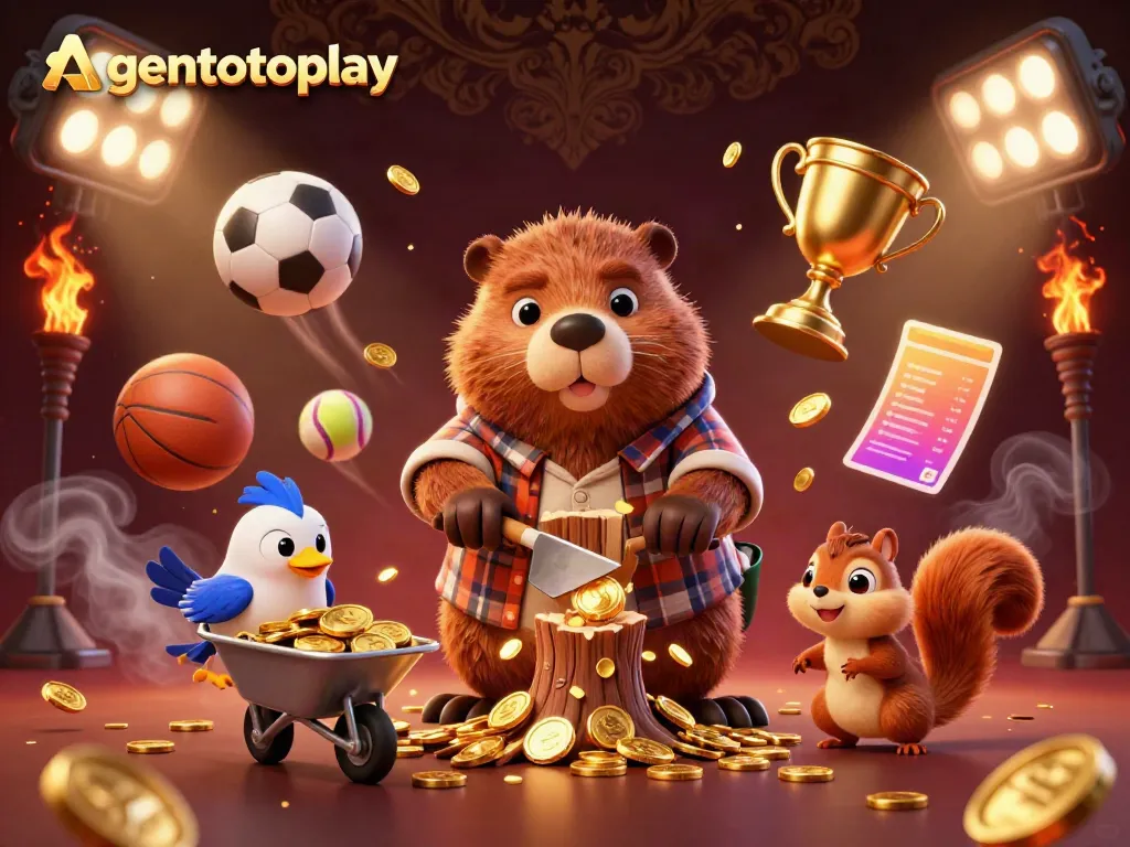Agentotoplay features a vibrant scene with cartoon characters collecting golden coins in a dynamic sports betting atmosphere.
