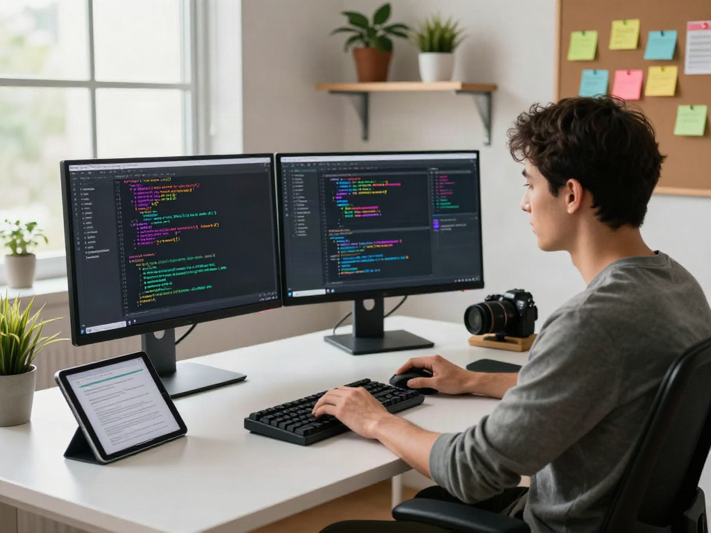 Developer focused on coding in a modern tech workspace, perfect for downloading Pikashow Apk.