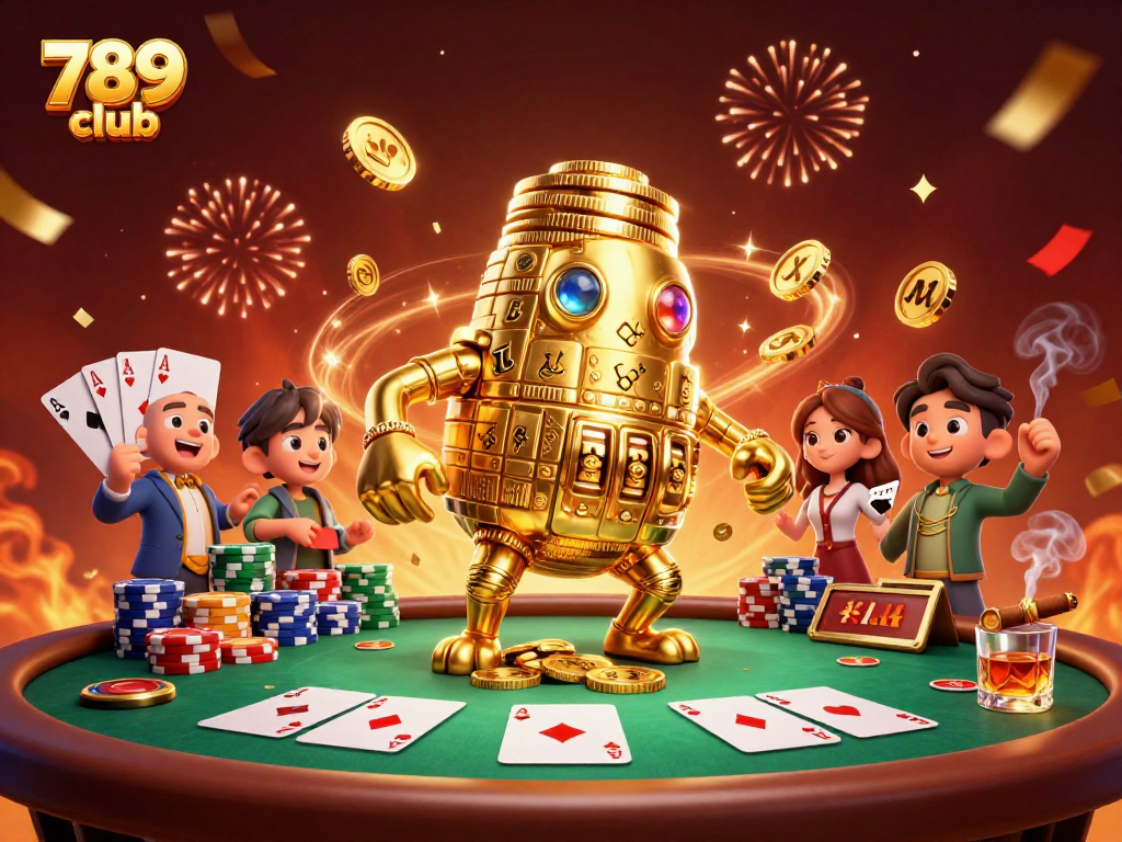 Engage with the vibrant world of the 789 club as golden golems and cards celebrate in an exciting casino atmosphere.