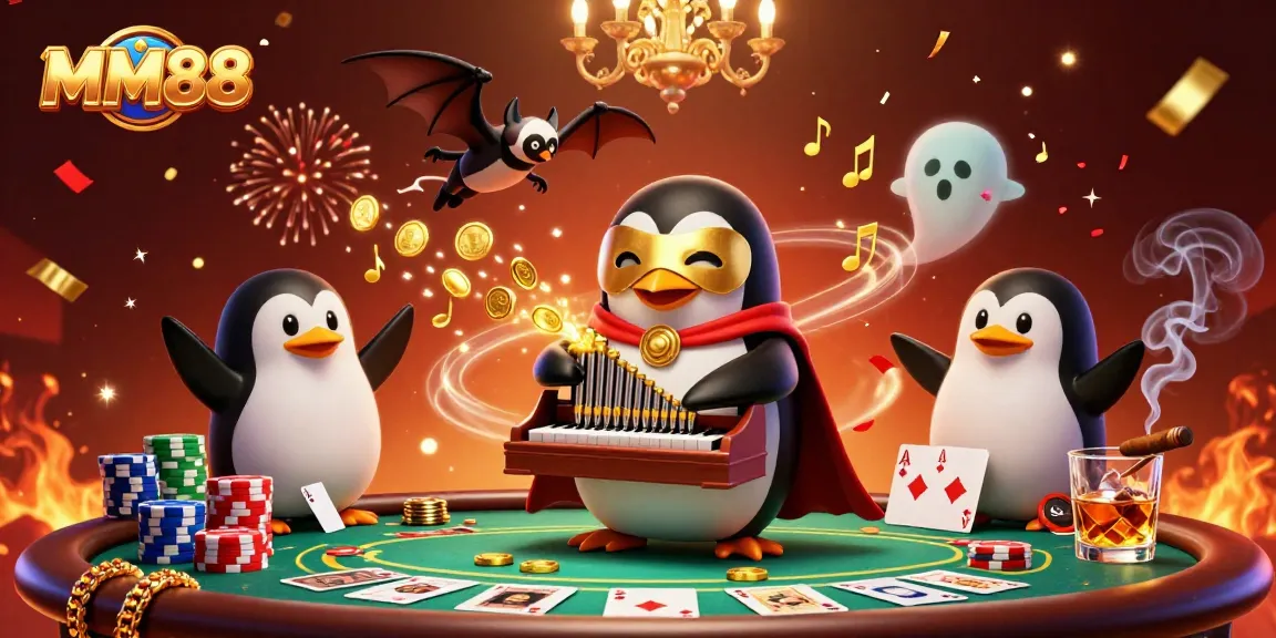 Experience the excitement of MM88 with a vibrant 3D casino scene featuring a penguin, golden coins, and poker elements.