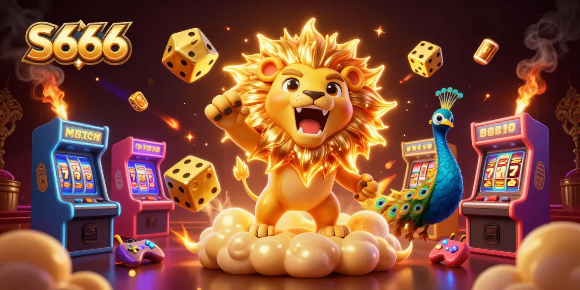 S666 experiences thrilling slot adventures with a roaring lion and golden dice in an exciting casino scene.