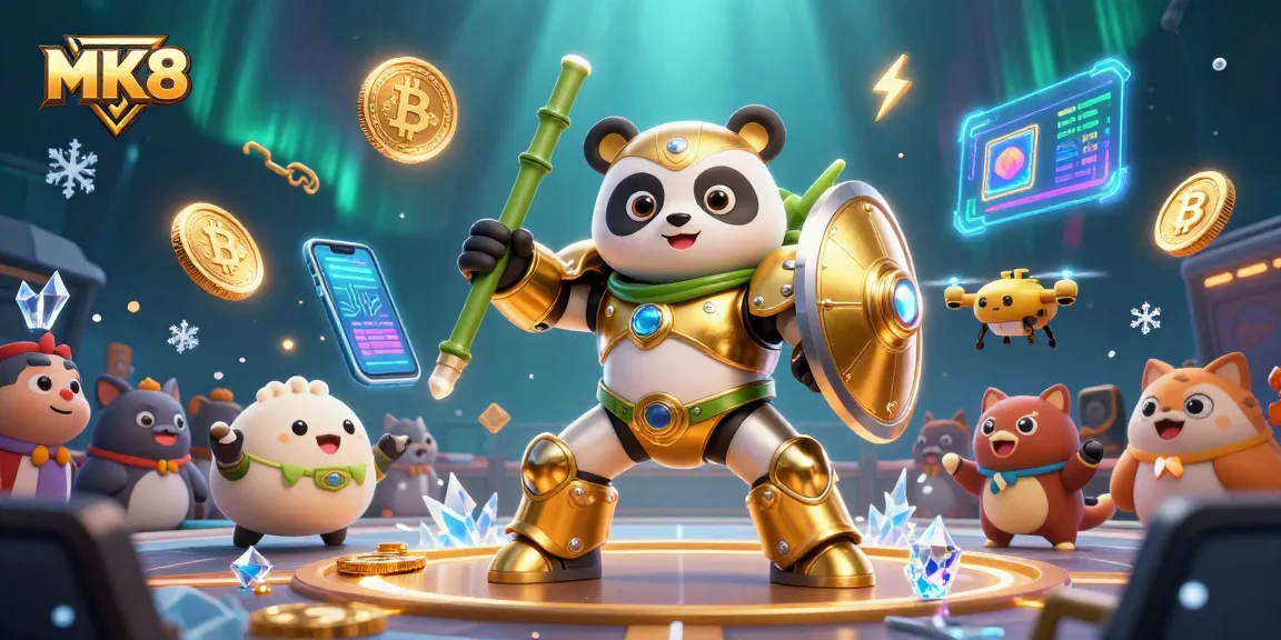 Engage in thrilling gameplay with MK8, featuring a golden panda mech in an action-packed casino arena.