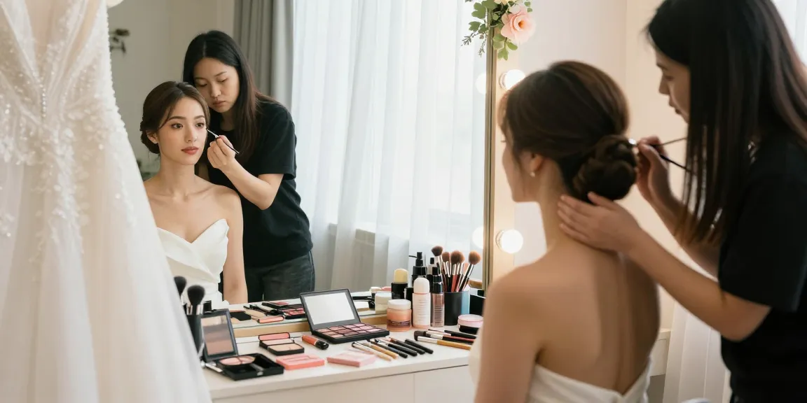 Trucco sposa in un ambiente elegante con truccatrice e prodotti di bellezza