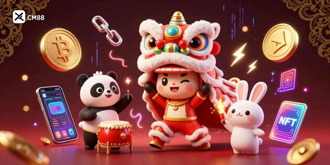 Engage with CM88's exciting lion dance-themed casino experience featuring vibrant crypto elements.