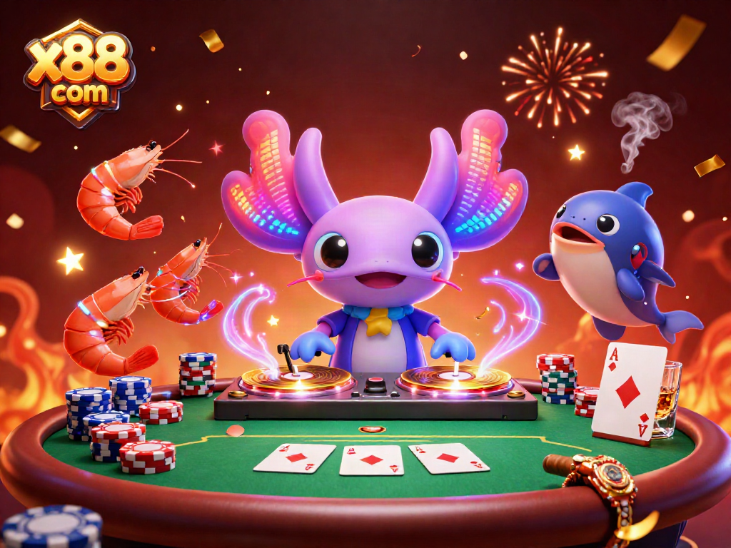 Engage with thrilling x88 com excitement at a vibrant poker scene featuring neon characters.