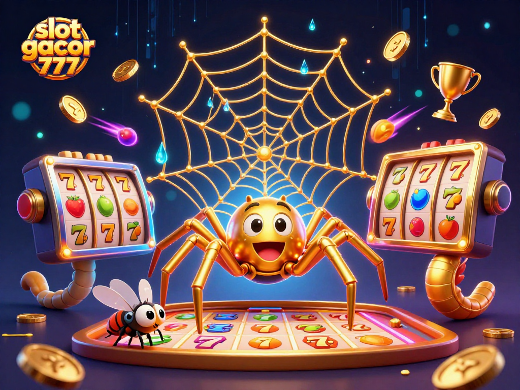 Experience the thrill with slot gacor 777 as a golden spider spins wins in a vibrant casino scene.