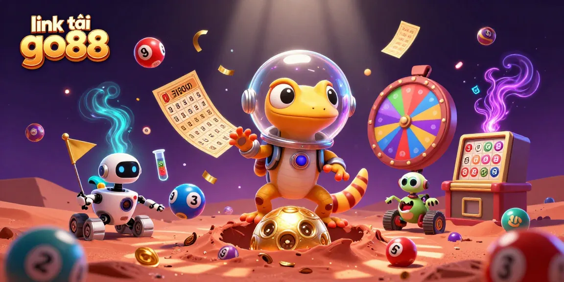Link tải go88 showcases a Martian gecko exploring a golden casino with dynamic lottery elements.