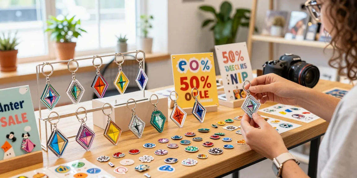 Custom acrylic diamond keychain showcased in vibrant e-commerce setting, highlighting intricate design and sale.
