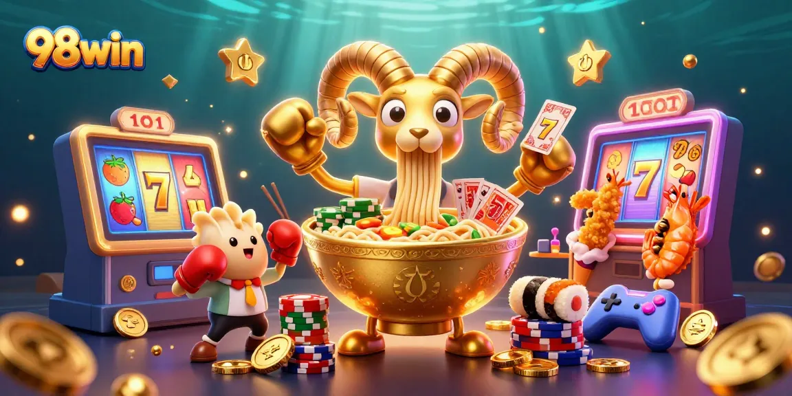 Experience thrilling gameplay at 98win with a vibrant cartoon casino scene filled with colorful slot reels and dynamic characters.
