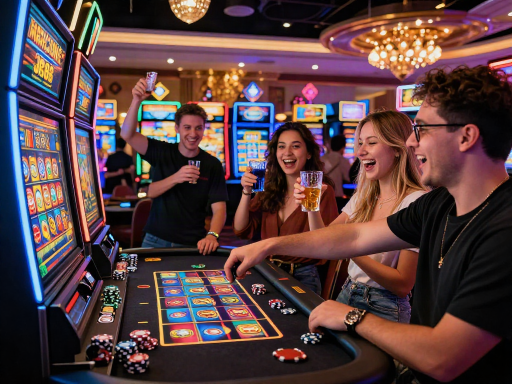 Friends enjoying Slot MAHJONGJP88 at a lively casino table, showcasing excitement and gaming atmosphere.