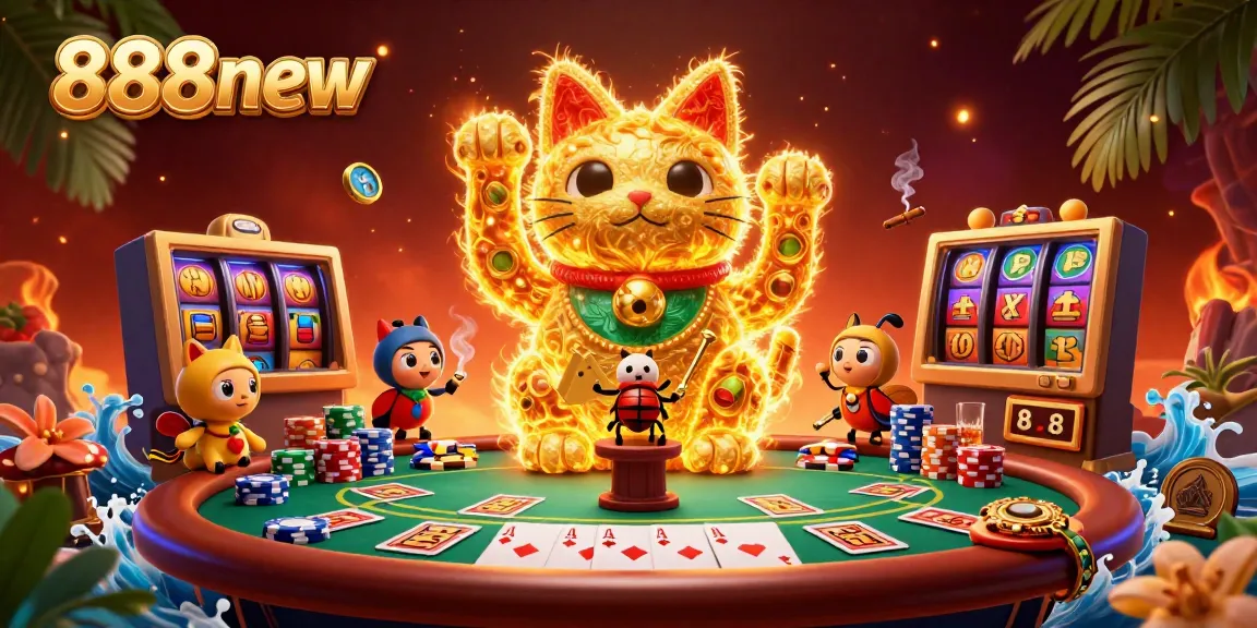 Engage with 888new's vibrant casino scene featuring a giant lucky cat and dynamic poker elements.