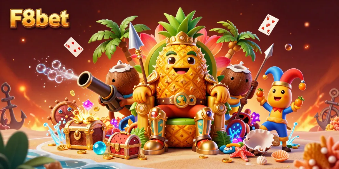 Experience the vibrant world of F8bet with a golden pineapple king surrounded by playful elements representing casino gaming.