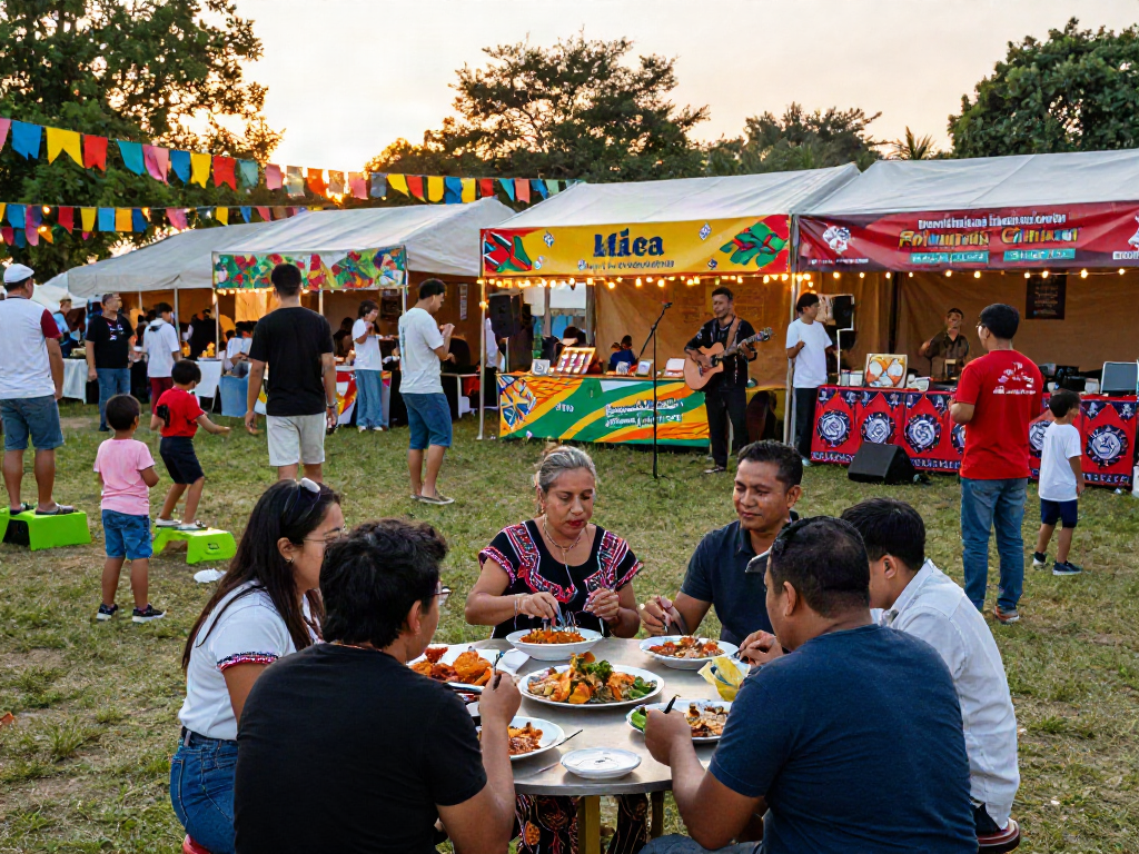 Group enjoying local delicacies at a festival using slot qris 5000 for seamless payments.