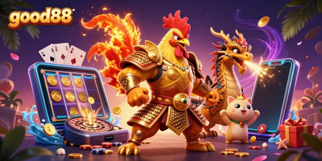 Experience the excitement of good88 with a dynamic casino scene featuring colorful games and characters.
