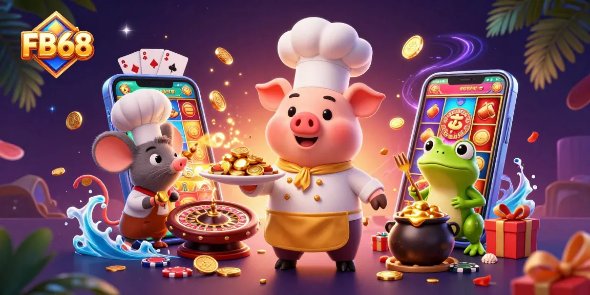 Experience the excitement of FB68 with a vibrant 3D casino scene showcasing a chef pig and gaming elements.
