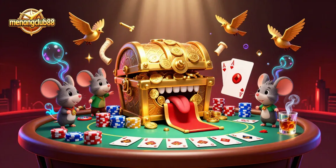Experience the excitement of menangclub88 with a treasure chest and poker elements in a vibrant casino scene.