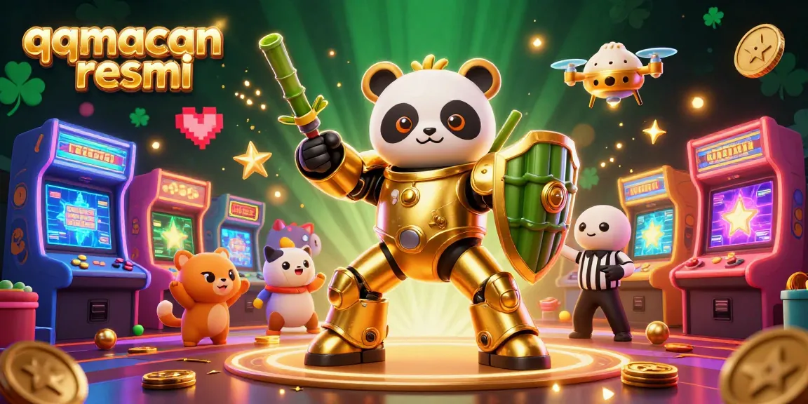 Experience thrilling action in the qqmacan resmi arena with a mech-suit panda amidst glowing game elements.