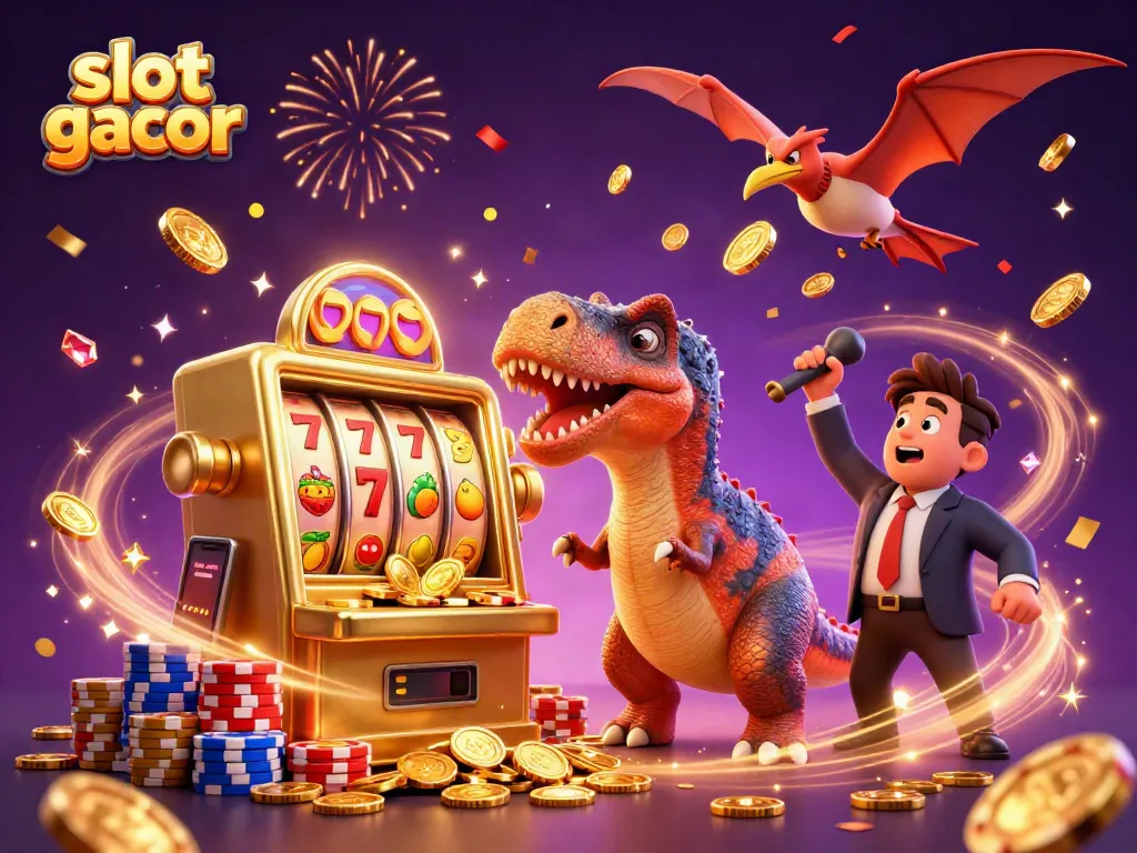 Experience the thrill of slot gacor with animated dinosaurs winning jackpot coins and vibrant casino elements.