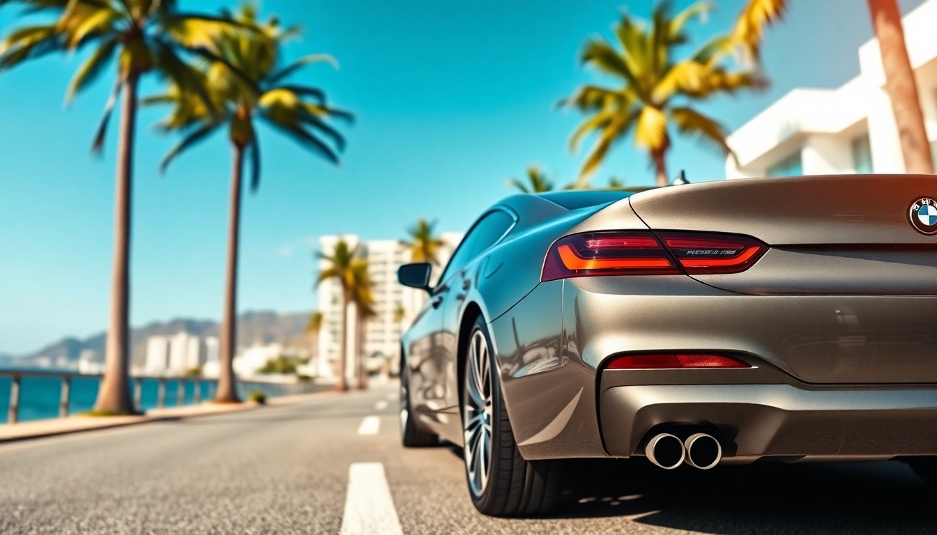 A Luxury BMW car parked on a scenic coastal road with modern architecture in the background.