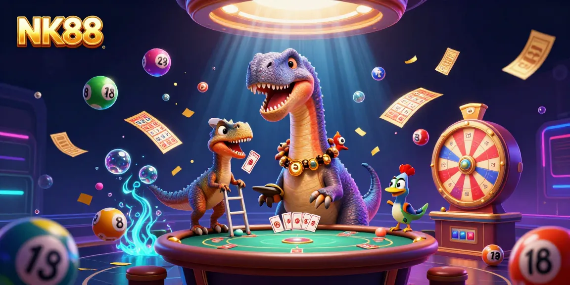 Experience thrilling gameplay with NK88 as a giant brontosaurus presides over a vibrant casino scene.