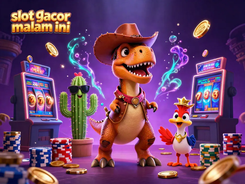 Ilustrasi 3D kartun menampilkan slot gacor malam ini dengan berbagai elemen kasino yang menarik.