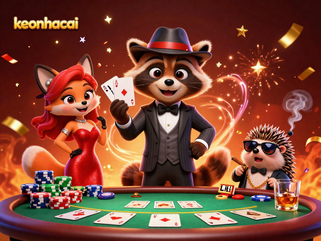 Experience thrilling poker action with keonhacai as characters celebrate a royal flush in a vibrant casino scene.