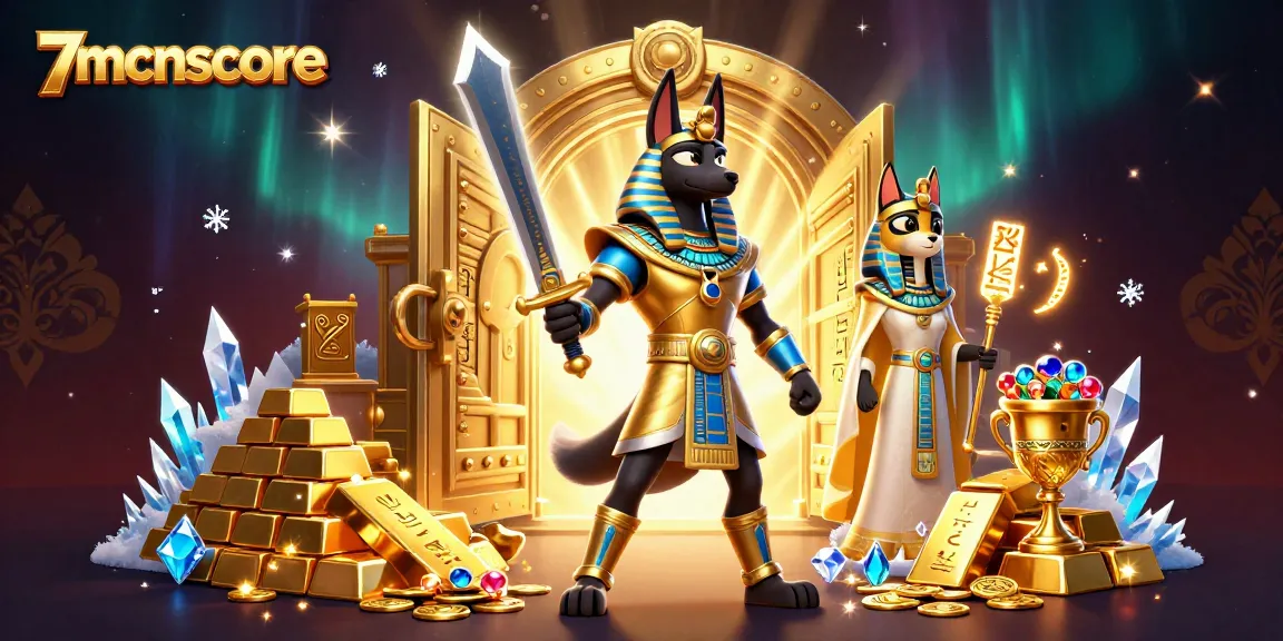 Engage with 7mcnscore in this vibrant 3D casino scene featuring Anubis and Bastet amidst treasures.