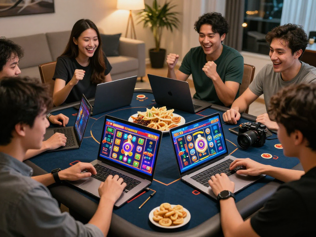 Permainan slot88 di rumah dengan teman, suasana ceria dan modern.