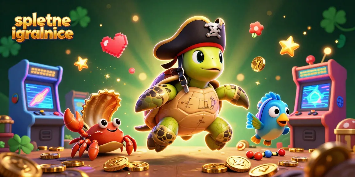 Spletne igralnice ponujajo zabavne igre, vključno s 3D ilustracijo piratskega želva in zakladom.