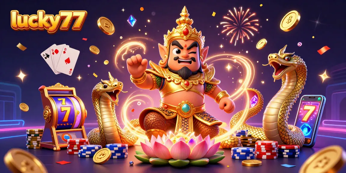 Win big with lucky77 at a vibrant online casino, featuring slots and colorful gaming elements.