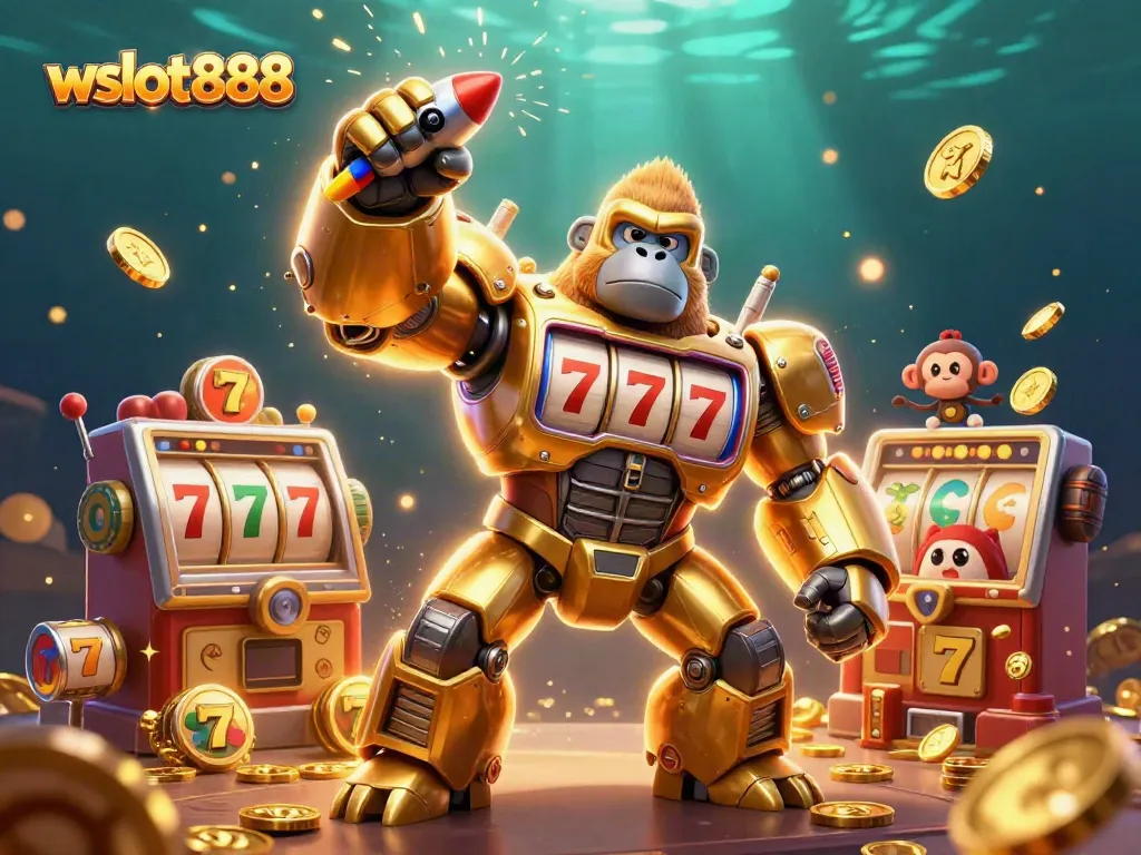 Menggandakan kemenangan di wslot888 dengan ilustrasi slot mesin kombinasi gorila emas dan simbol keberuntungan.
