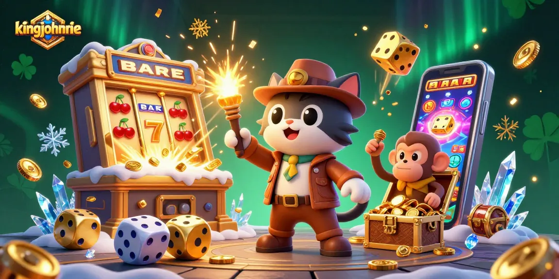 Experience excitement with the kingjohnnie 3D casino exploration featuring vibrant slot machines and treasure.
