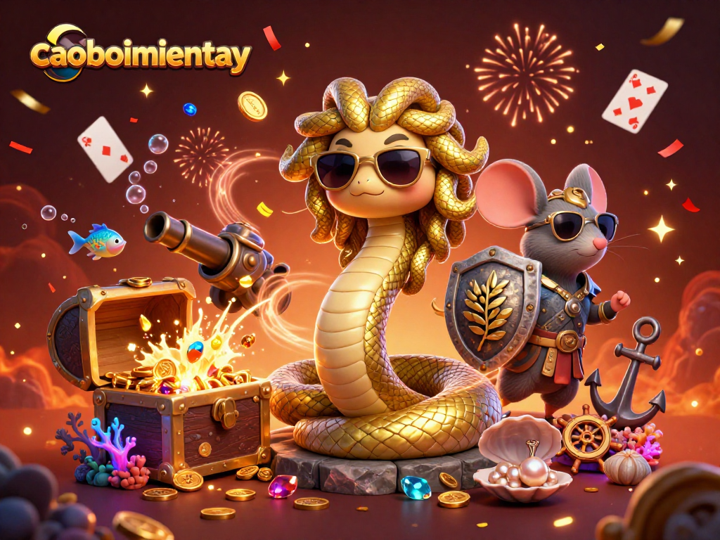 Join the caoboimientay adventure with Medusa and a warrior mouse in a vibrant casino treasure hunt.