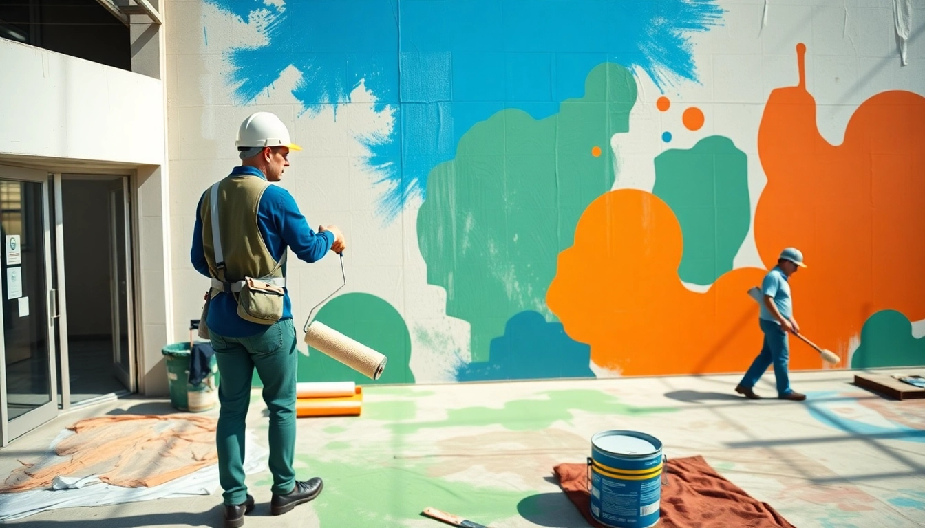 Team engaging in commercial painting, showcasing vivid colors on an office building.