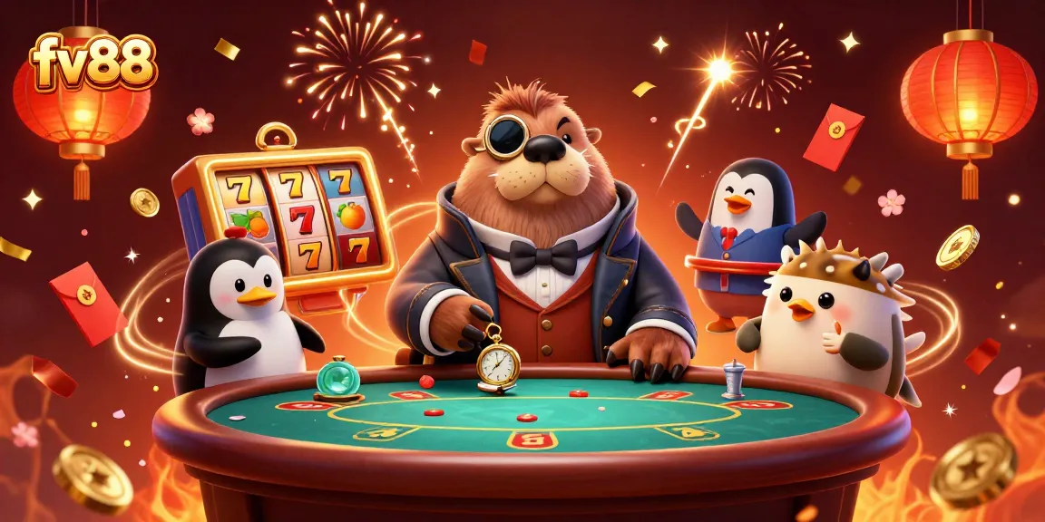Experience the thrilling excitement of fv88 with a jolly walrus and friends at an underwater poker table.