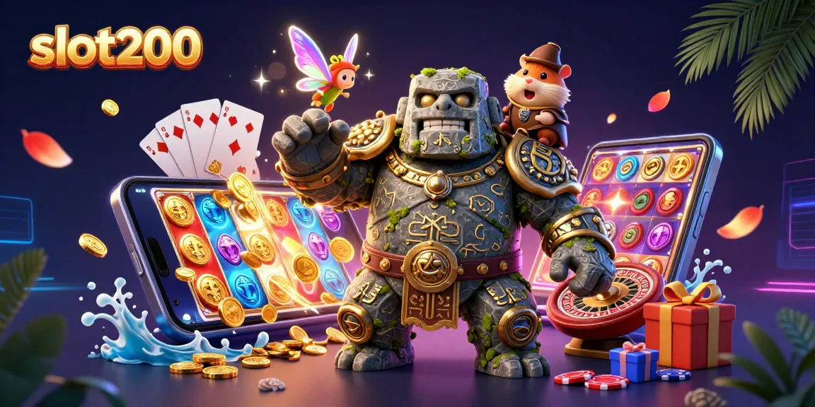 Experience slot200 action with a 3D scene featuring vibrant gaming elements and characters