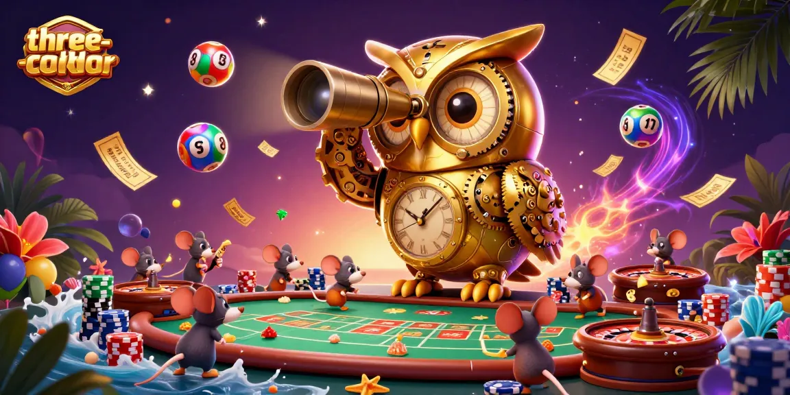 Engage in three-card-poker with a lively casino scene showcasing a golden owl and animated mice among poker tables and vibrant elements.