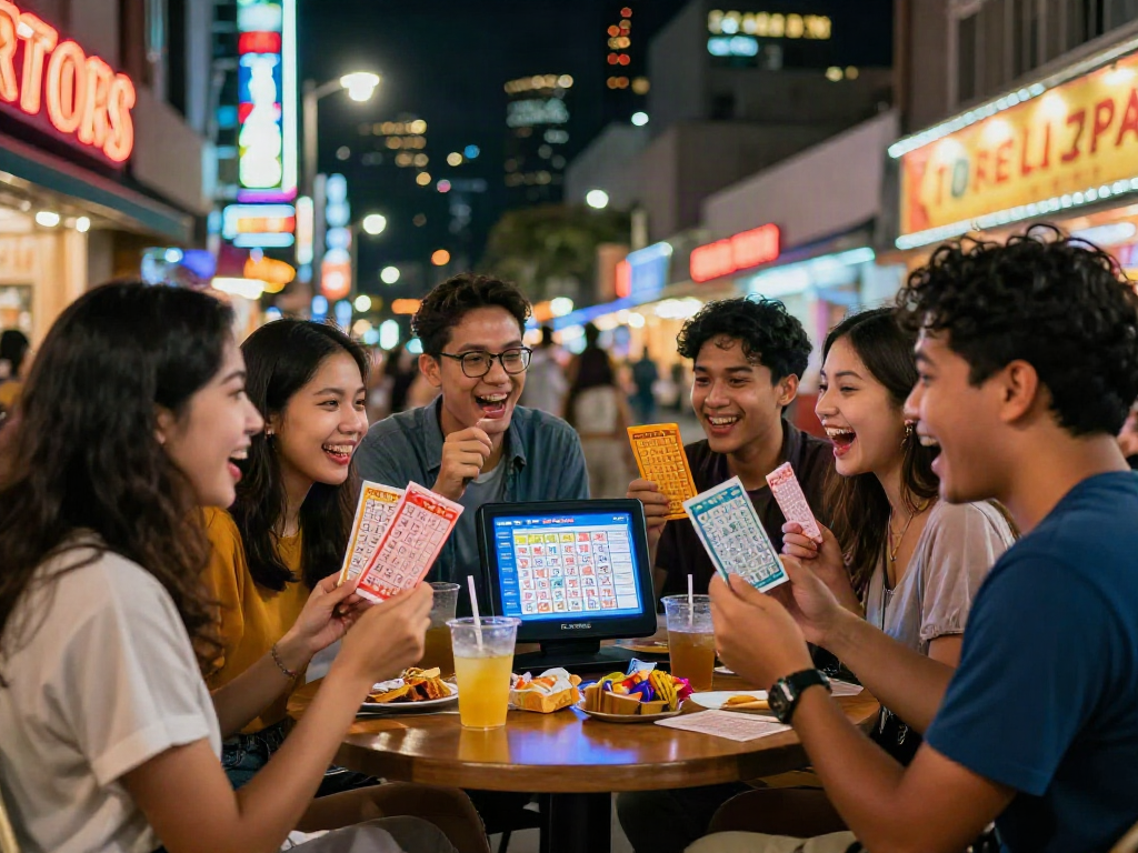 Excited friends discussing toto togel lottery numbers in a festive urban setting.