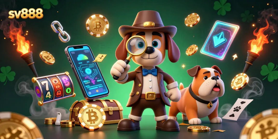 Examine the treasures of sv888 with detectives as they uncover poker chips and cryptocurrency elements in a vibrant casino setting.
