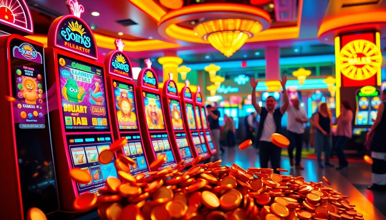 Exciting slot gambling scene with vivid machines and celebrating players in a lively casino.