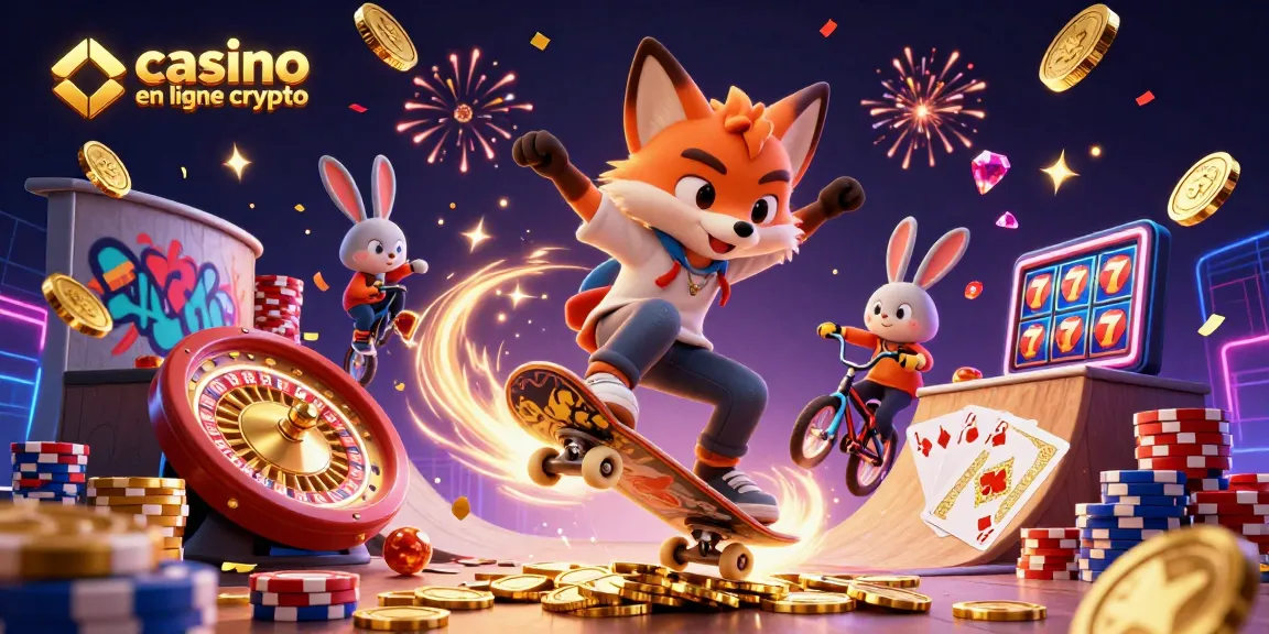 Découvrez les gains avec le casino en ligne crypto illustré par un renard skateboarder et un lapin BMX.