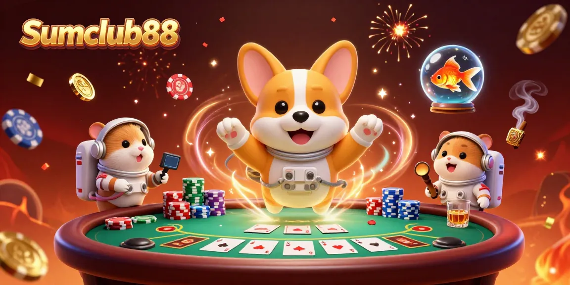 Experience thrilling gaming at sumclub88 with a whimsical 3D astronaut corgi floating amidst poker chips.