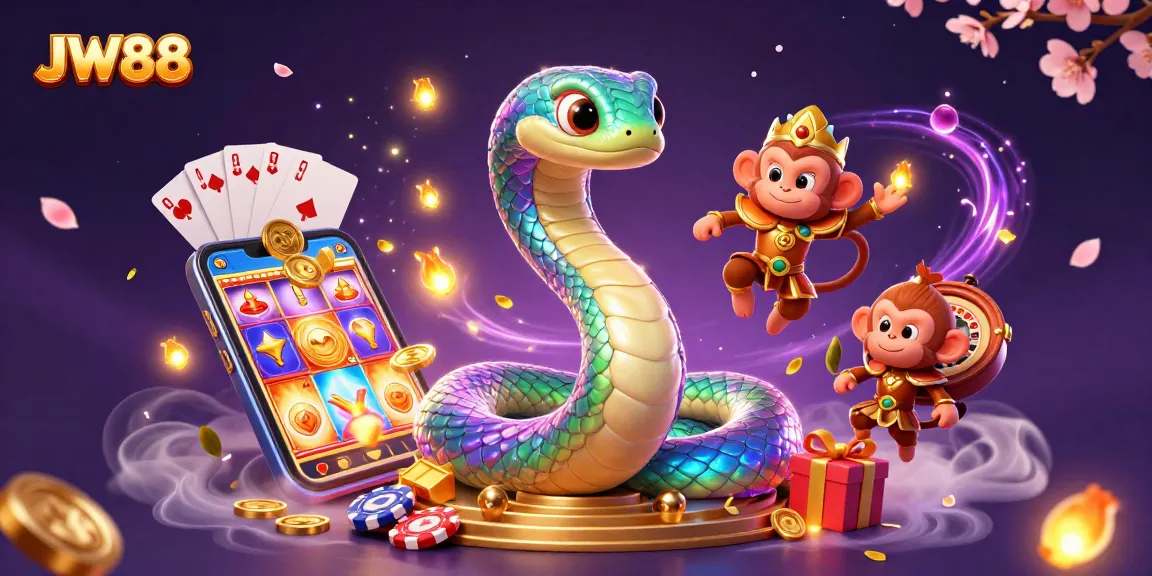 Engage with JW88's exciting gaming world illustrated by a rainbow serpent and a playful monkey king.