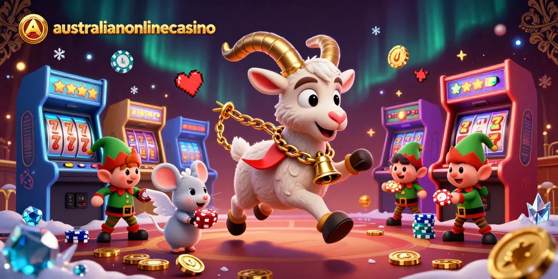 A vibrant australianonlinecasino scene featuring a Krampus goat managing a holiday casino, with characters playing and gaming elements around