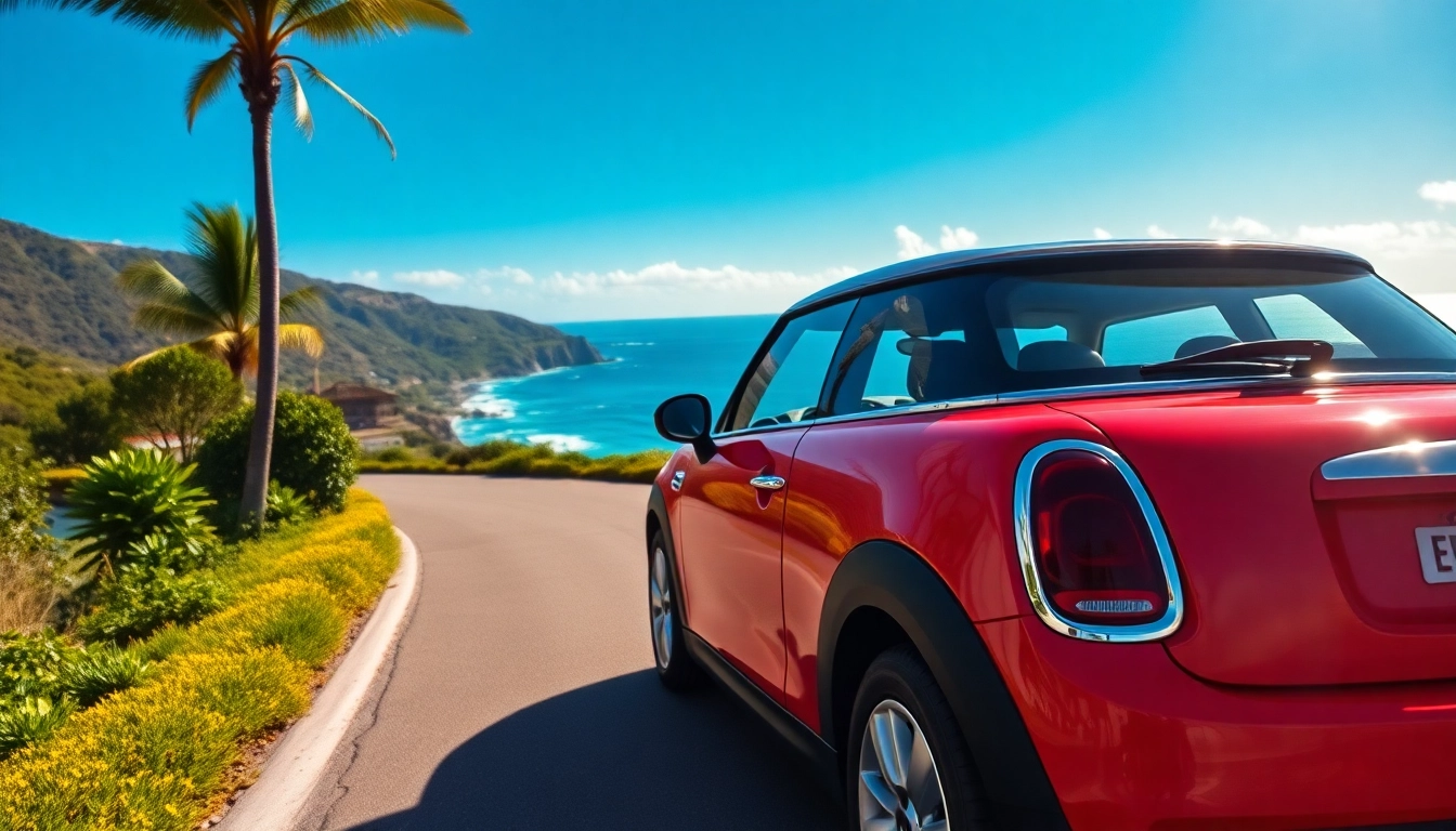 Experience a stylish Mini Cooper st barts rental parked on a picturesque island road with ocean views.
