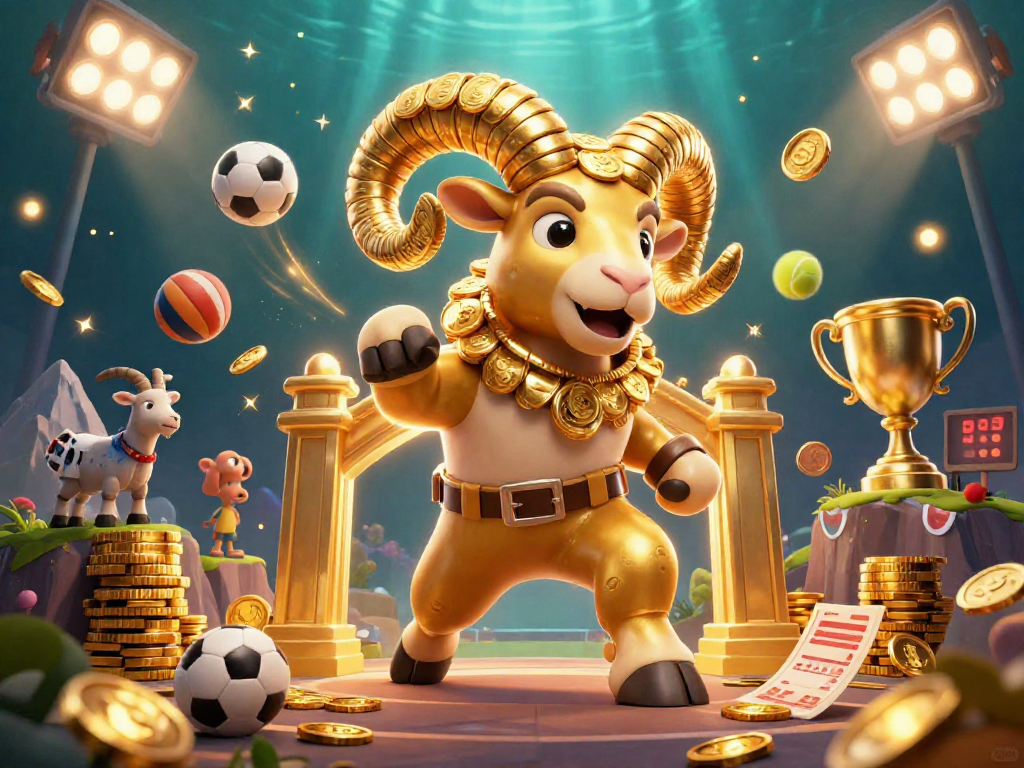 Iwin showcases a golden ram charging through a casino-themed scene filled with dynamic sports betting elements.