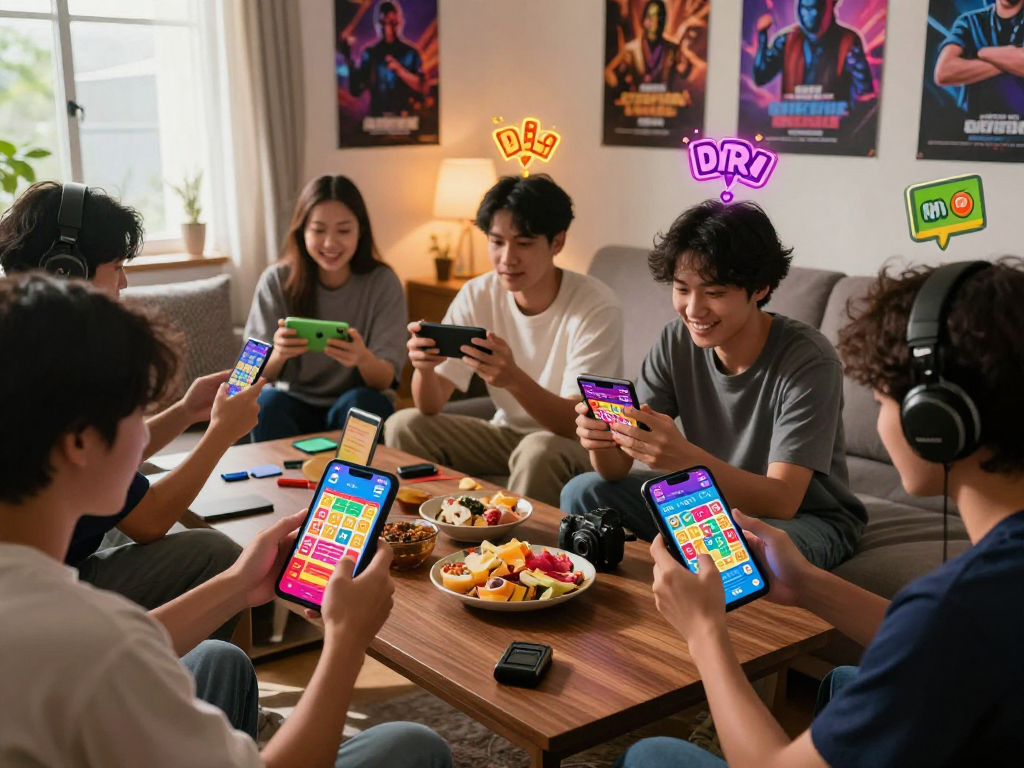 Dewatogel online lottery gaming scene with engaged players and vibrant app interfaces in a cozy living room.