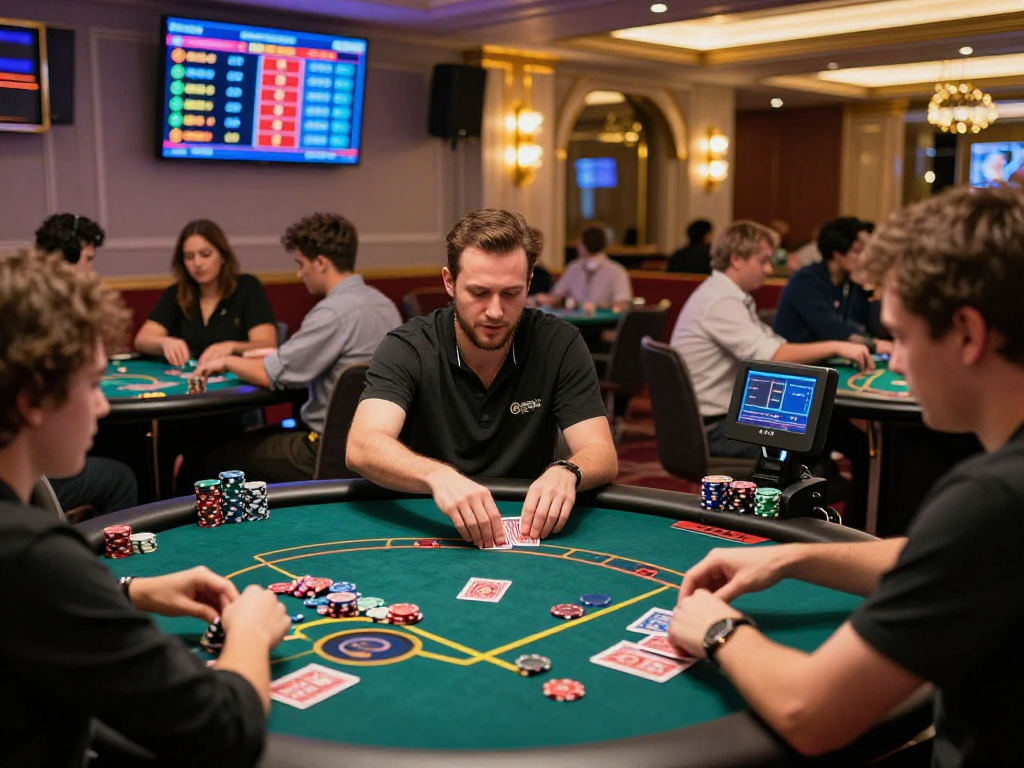 Exciting crypto casino scene with players engaging at poker tables, showcasing modern digital interfaces and vibrant atmosphere.
