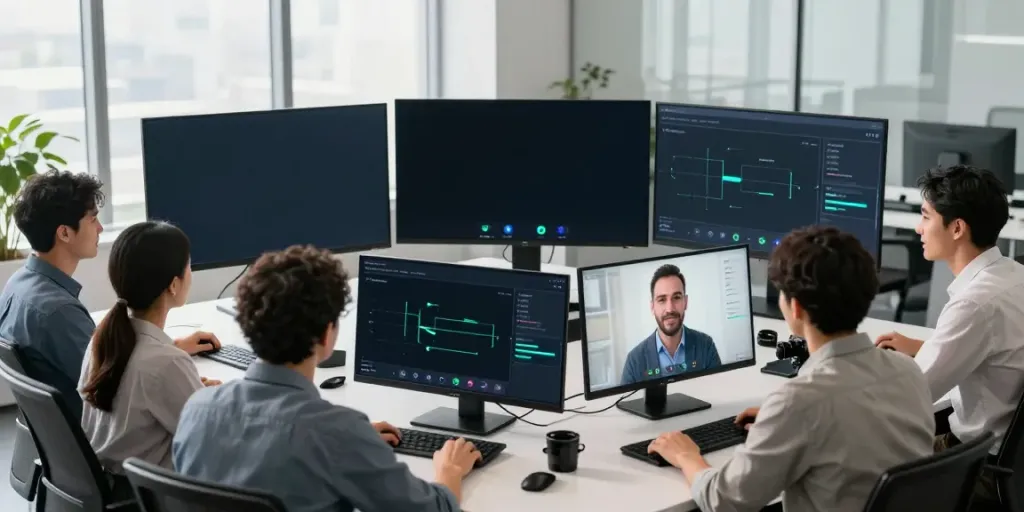 Deepfake free meetings in a virtual setting with diverse professionals and tech interfaces.
